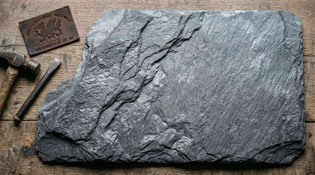 Granite slab and hammer on a wooden background. Top view.