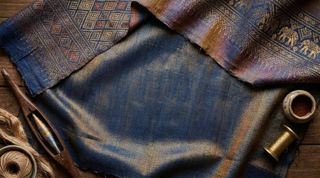 Tibetan silk cloth and accessories for sewing on wooden background