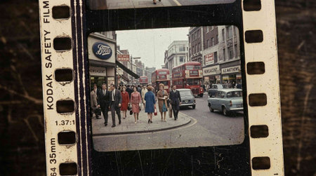Old film strip with a group of people walking in the city.