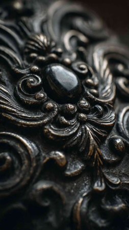 Detail of a forged metal door handle with a decorative pattern.
