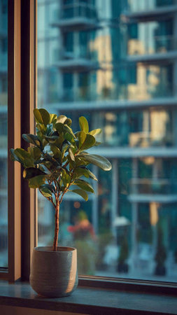 Ficus in a pot on the windowsill of a modern office building