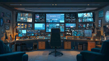 3D rendering of a control room inside a cruise ship at night
