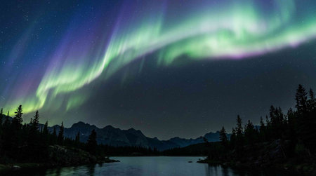 Aurora borealis, northern lights over mountain lake in Canada