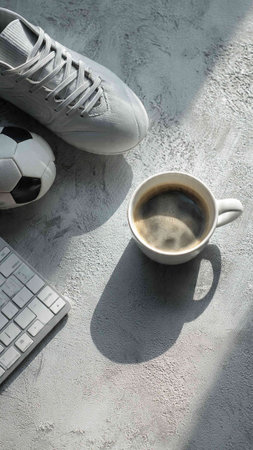 Cup of coffee, soccer ball, keyboard and sneakers on a light background