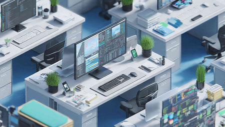 3d rendering of modern office interior with computers and workstation.