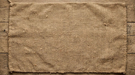 burlap hessian sacking texture on wooden background, top view