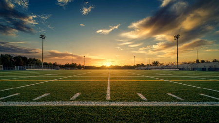 American football field with grass and sunset in the background. Landscape.