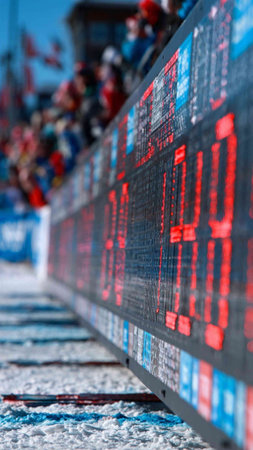 Red and white scoreboard at an outdoor event.