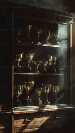 Vintage cupboard with glass goblets in the dark room