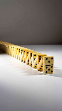 Domino effect with black and white dice on a white background.