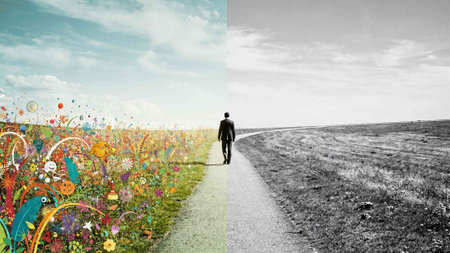 Young man walking on the road with flowers in his hand. Mixed media