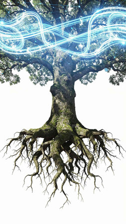Digital Illustration of an Old Oak Tree with Roots and Light Trails