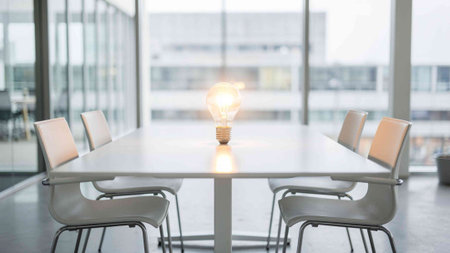 Light bulb on table in meeting room, business and technology concept.