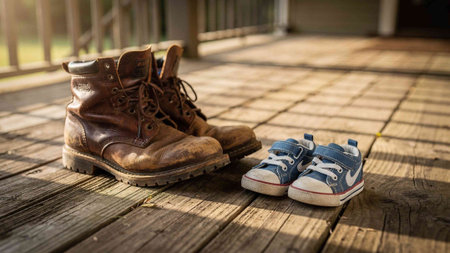 Old shoes on a wooden floor, vintage style, selective focus.