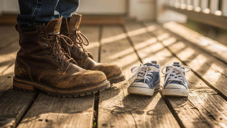 A pair of old boots and sneakers standing on a wooden porch.
