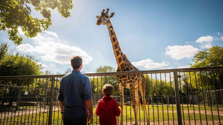 Rear view of father and son looking at giraffe in zoo