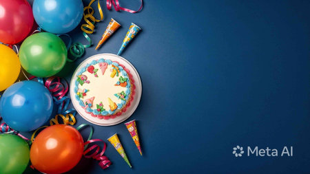 Birthday cake with colorful balloons and streamers on dark blue background