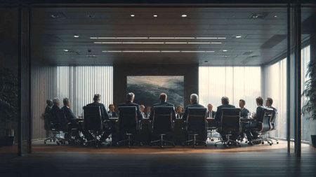Group of business people sitting in a row in modern office. 3D rendering