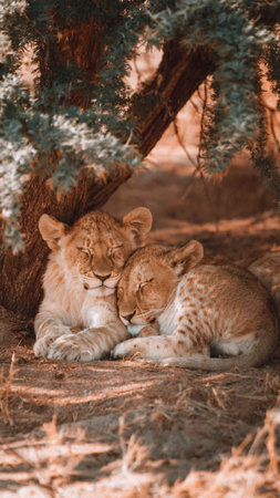 Lion cubs sleeping in the shade of a tree in Namibia