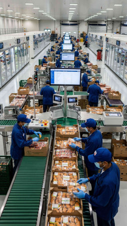 Unidentified workers are checking fresh products in a food processing plant in Chiang Mai, Thailand.