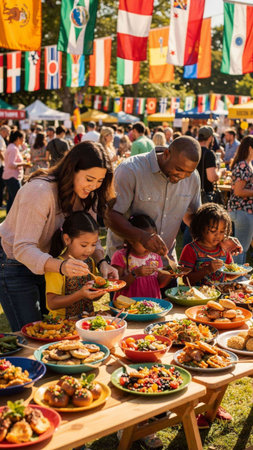 Families enjoy a variety of food at an outdoor festival, surrounded by flags from different countries.