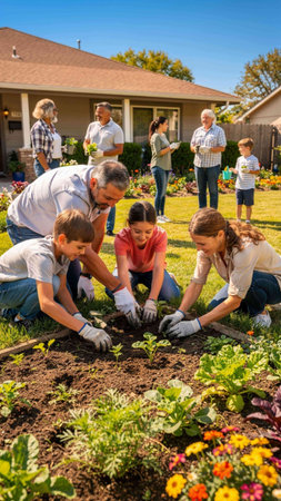 Family planting seedlings in the garden on a sunny summer day.