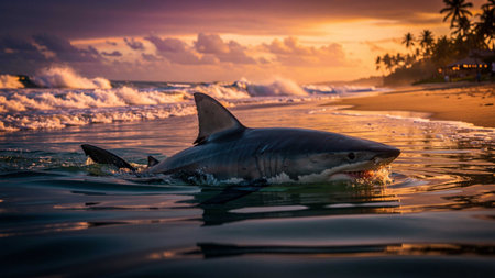 Great White Shark (Carcharodon carcharias) in the ocean at sunset