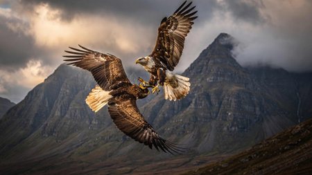 White-tailed eagle in flight with prey in its beak.