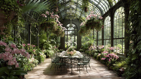 Interior of a botanical garden with flowers and table in the foreground