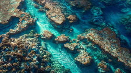 Aerial view of coral reef with blue water. Tropical seascape