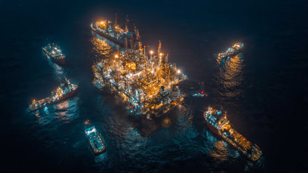 Aerial view of offshore oil and gas platform at night time. Oil and gas industry and hard work concept.