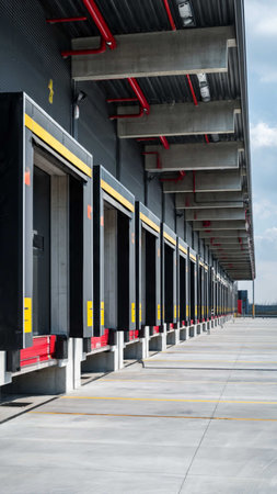 Parking lot with row of empty car garage doors on blue sky background