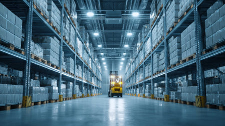 Forklift in warehouse. Logistics, transportation and shipping concept
