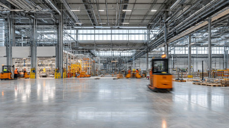 Interior of a modern warehouse with a blurred motion of a forklift