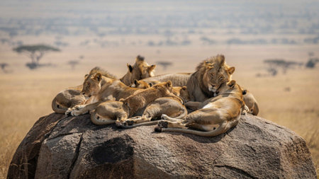 Group of lions lying on a rock in Serengeti National Park, Tanzania