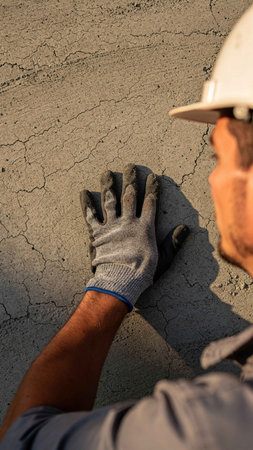 Worker with protective gloves at the construction site. Construction worker.