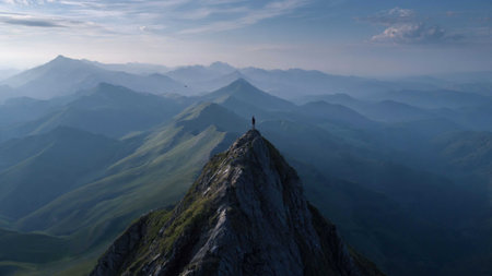 Aerial view of a man standing on top of a mountain.