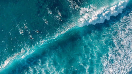 Aerial view of surfers swimming in turquoise ocean.