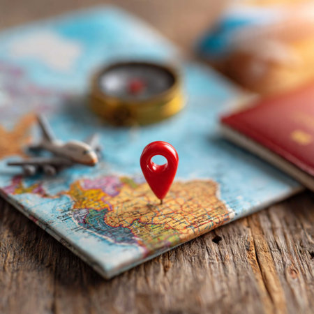 Travel and tourism concept. Map, compass and airplane on wooden background
