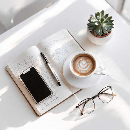 Cup of coffee, notebook, smartphone and glasses on white table