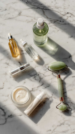 Skin care products on white marble background, top view, flat lay