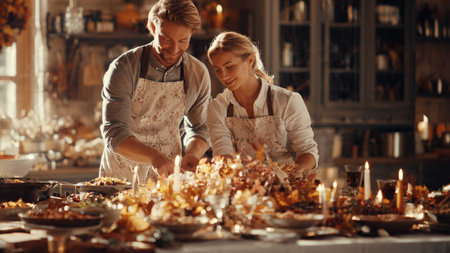 Couple of cooks decorating christmas table in cozy kitchen.