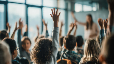 Back view of a group of people raising their hands in the classroom