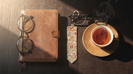 Cup of tea with eyeglasses and notebook on wooden table