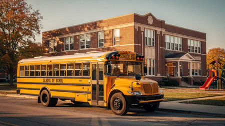 School bus on the road in front of a school building with fall colors