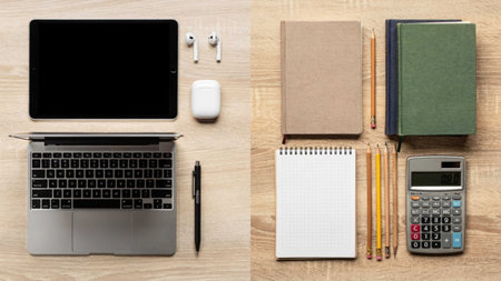 Top view of modern workplace with laptop, notebook, stationery and calculator on wooden background
