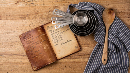 Kitchen utensils and recipe book on a rustic wooden table