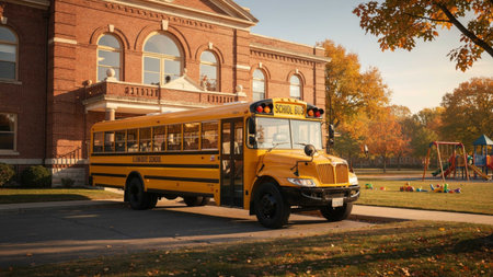 Yellow school bus on the school yard in the fall. Back to school.