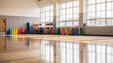 Interior of a fitness hall with sports equipment in a gym.