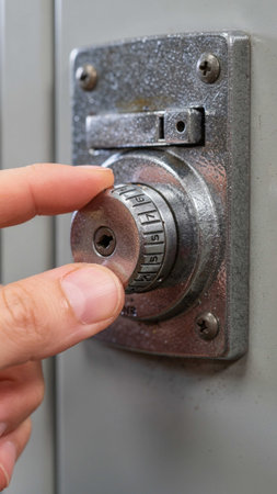 Close-up of a hand opening a safe with a combination lock